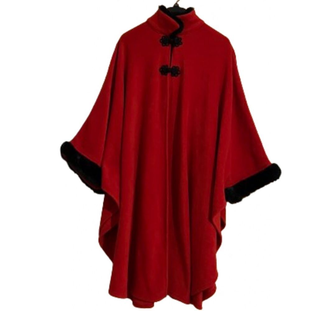Worthington Unisex Red with Black Faux Fur Trim Fleece Cape Sz-OS